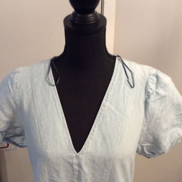 ZARA Light Denim Blue V Neck Layered Dress Small S Linen Blend Babydoll - Picture 3 of 5